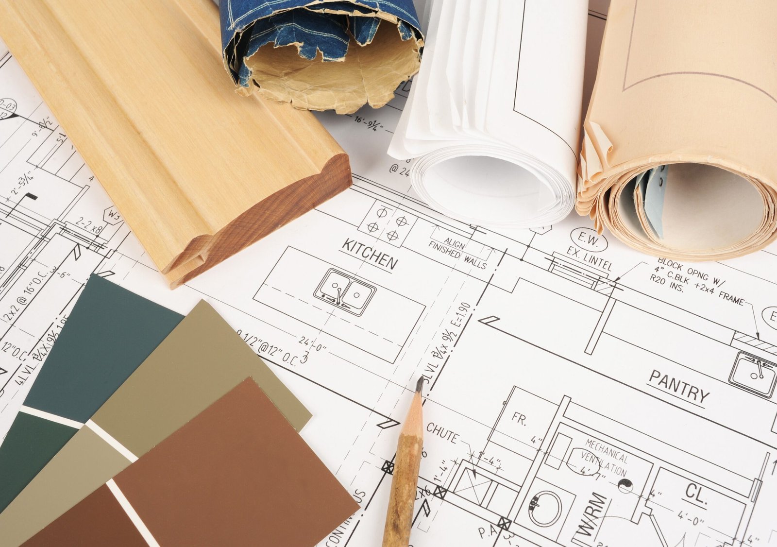 Renovatieproject blauwdrukken met bouwmaterialen en kleurstalen.